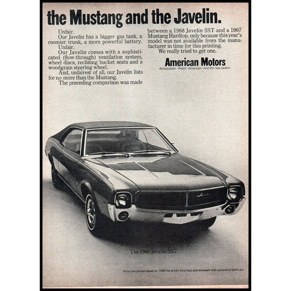 1968 AMC American Motors Javelin vs Ford Mustang Hardtop 2 Page Vintage Print Ad - Picture 3 of 3